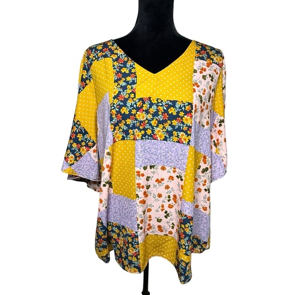 ANDREE BY UNIT | Colorful Patchwork V-Neck Blouse with Bell Sleeves | Sz L - Picture 1 of 5